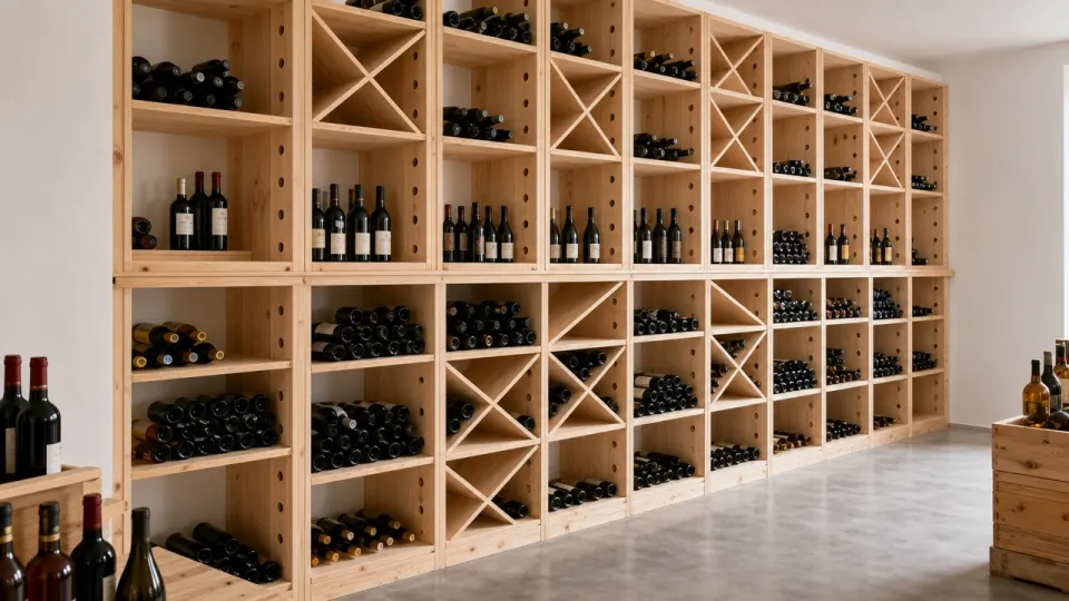 Illustration d'un aménagement de cave à vin professionnel : mur entier de casiers en bois clair, croix et étagères