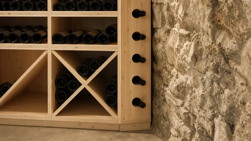 Extrémité d'un meuble à casiers en bois sur plinthe, à côté d'un mur de pierre irrégulier de sous-sol