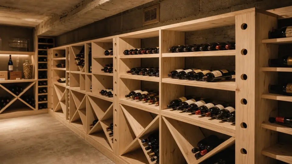 Aménagement de cave à vin en sous-sol : longue rangée de casiers en bois clair devant un mur en parpaings, sous plafond béton