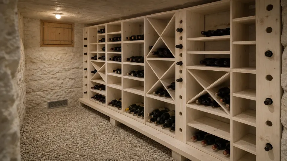 Cave à vin maison en sous-sol : casiers en épicéa sur plinthe, sol en gravier, soupirail fermé et grille d'aération basse