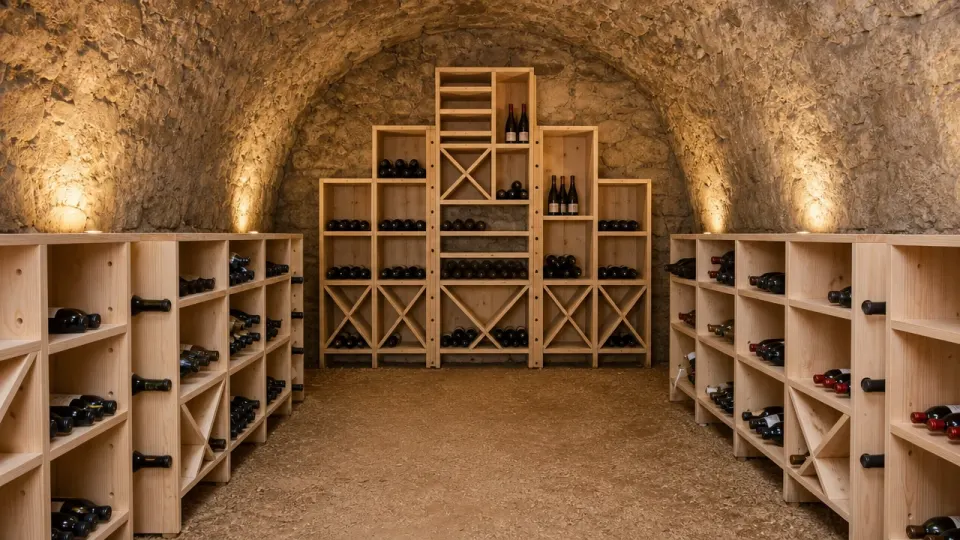 Aménagement de cave à vin voûtée : blocs de casiers en bois en gradins sous la voûte en pierre, rangées basses sur les côtés