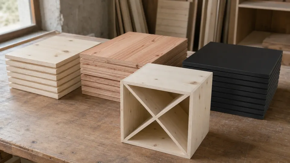 Piles de panneaux en épicéa, en mélèze et en MDF noir sur un établi d'atelier, devant un module de casier en croix