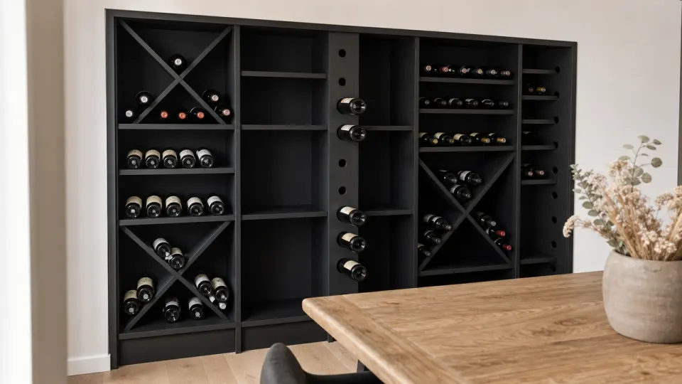 Cave à vin sur mesure en MDF noir mat dans une niche de salle à manger, à moitié remplie, cases libres pour le budget futur