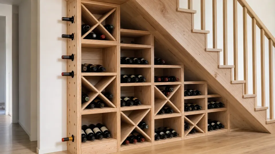 Casier à bouteilles en mélèze sous un escalier droit, cases en gradins suivant la pente et montant percé garni de goulots