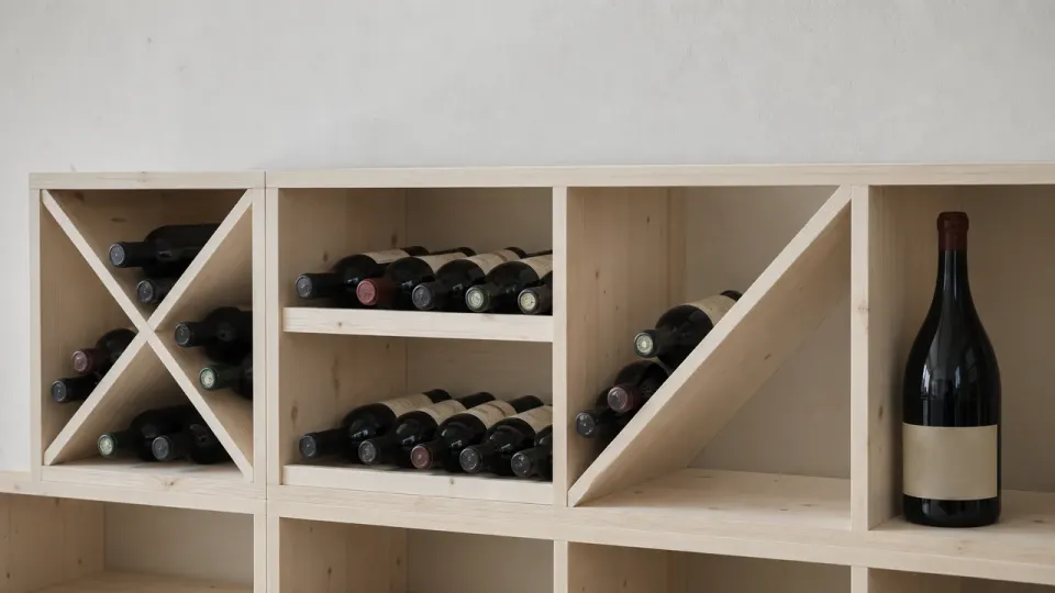 Rangée de quatre cases en épicéa : une croix, une case à deux étagères, une diagonale et une case vide avec un magnum debout