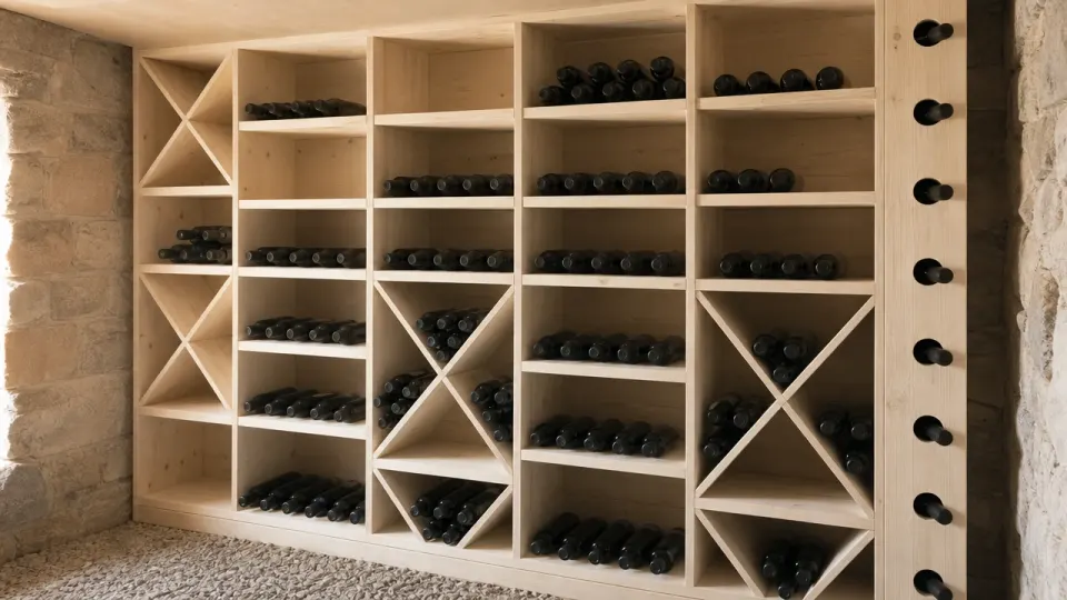 Casier à bouteilles en bois d'épicéa dans une cave en pierre, avec croix, étagères et montant percé pour les goulots
