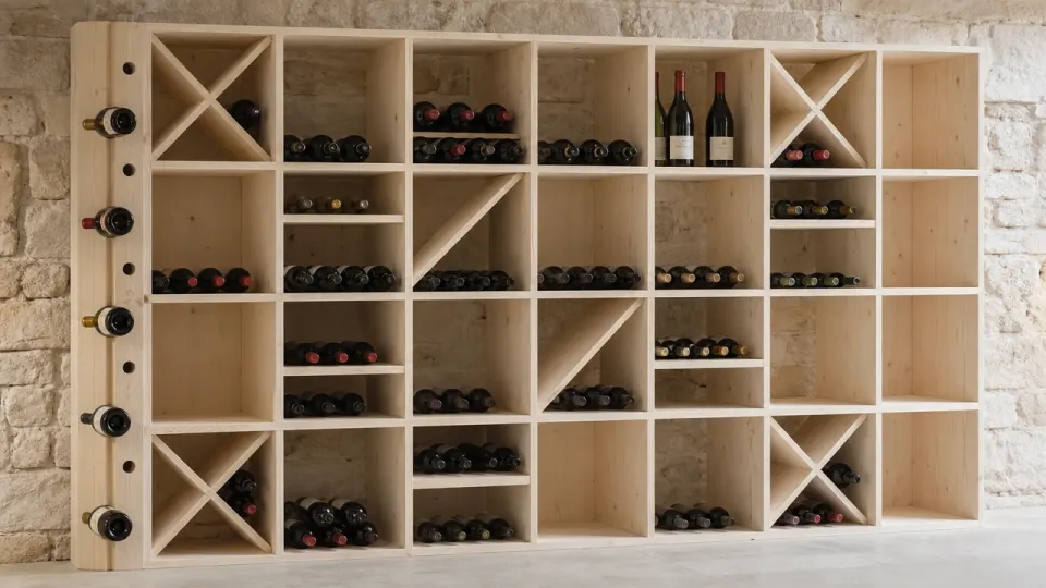 Casier modulable en épicéa contre un mur de pierre, grille de cases mêlant croix, étagères, diagonales et cases vides
