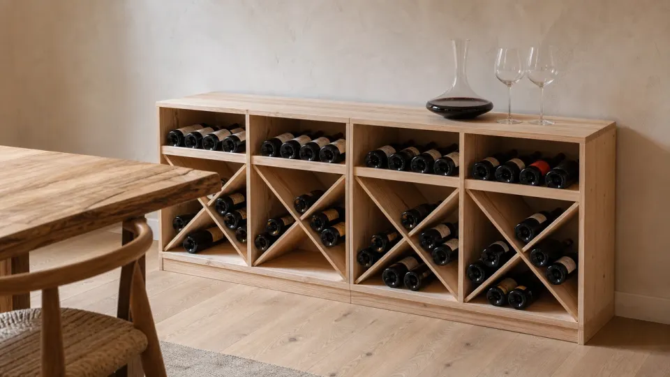 Casier à vin bas en mélèze sur plinthe dans une salle à manger, étagères en haut, croix en bas, carafe et verres posés dessus