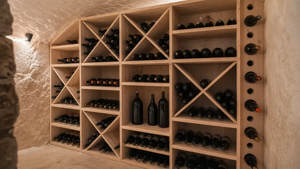 Casier à vin sur mesure en mélèze dans une cave voûtée, mêlant croix, étagères, case vide et montant percé