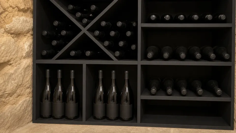 Magnums debout dans deux cases vides, bouteilles de champagne couchées sur étagères et croix au-dessus, en MDF noir