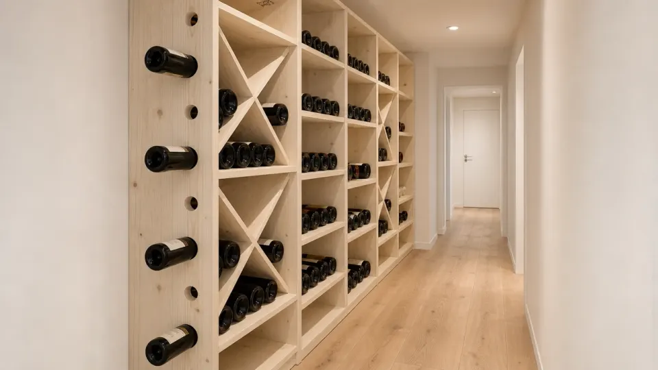 Casier à vin en épicéa peu profond le long du mur d'un couloir d'appartement, passage laissé libre