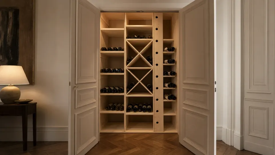 Cave à vin en appartement : placard sur mur intérieur, portes ouvertes, équipé de casiers en épicéa sur mesure