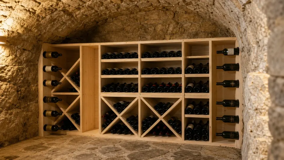 Casiers à vin en bois sous la voûte d'une cave en pierre, le type de lieu où une cave rustique a du sens