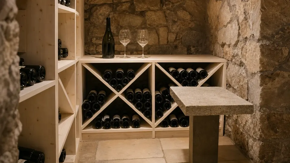 Coin dégustation dans une cave en pierre : casiers en épicéa à croix, bouteille ouverte et deux verres
