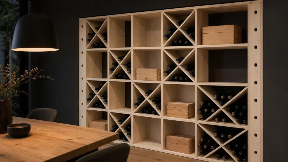 Casiers à vin en épicéa clair encastrés dans une niche d'un mur anthracite, en damier de croix et de cases vides