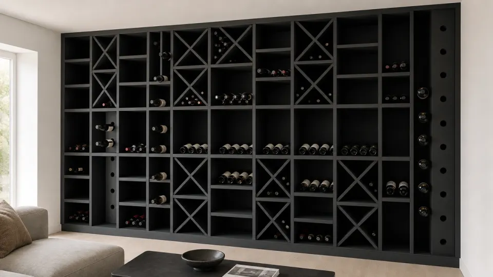 Mur de casiers à vin en MDF noir mat dans un salon contemporain blanc, avec croix, diagonales et une rangée d'étagères