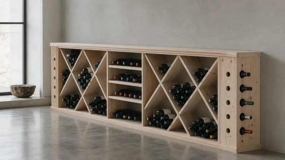Rangement à vin bas en bois clair le long d'un mur gris, grands motifs en croix autour d'une colonne d'étagères