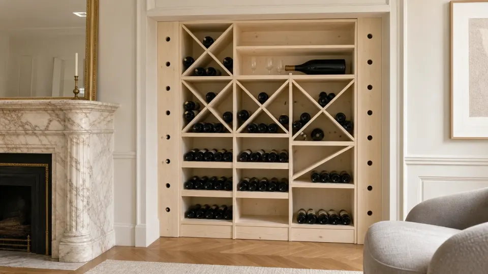 Cave à vin design pour salon : casiers en épicéa clair dans l'alcôve d'une cheminée en marbre, croix et étagères