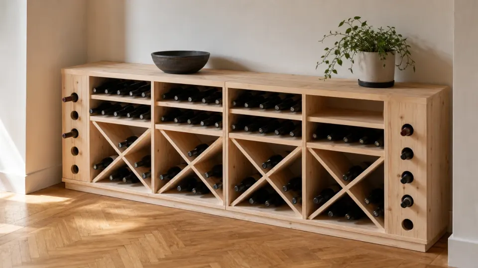 Meuble à vin bas en mélèze sur plinthe, à hauteur d'appui, rangée de croix et étagères garnies de bouteilles dans un salon clair