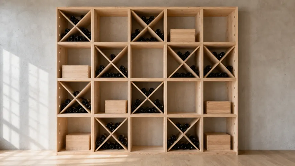 Bloc de casiers à vin en mélèze centré sur un mur gris, en damier de croix garnies et de cases vides accueillant des caisses en bois