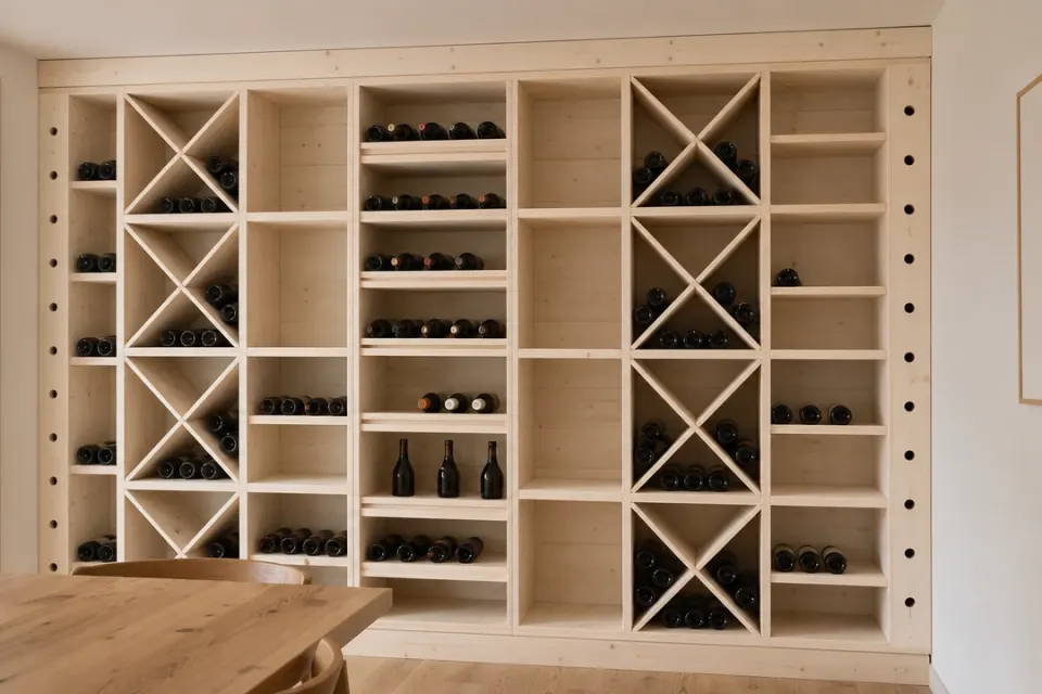 Cave à vin design en épicéa clair sur tout un mur de salle à manger, colonnes de croix et d'étagères, plinthe et bandeau