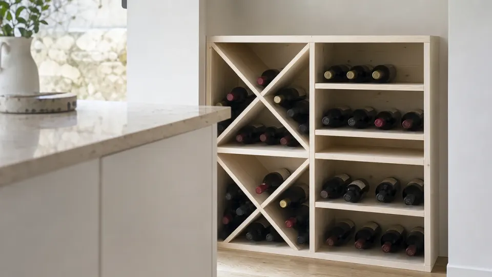 Petit casier à vin en épicéa, deux croix et des étagères, encastré dans une niche de cuisine blanche