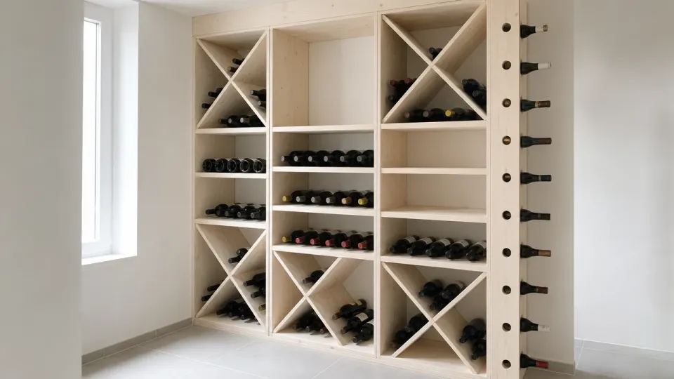 Cave à vin en épicéa clair dans un cellier sec : casiers en croix, étagères et montant percé de goulots