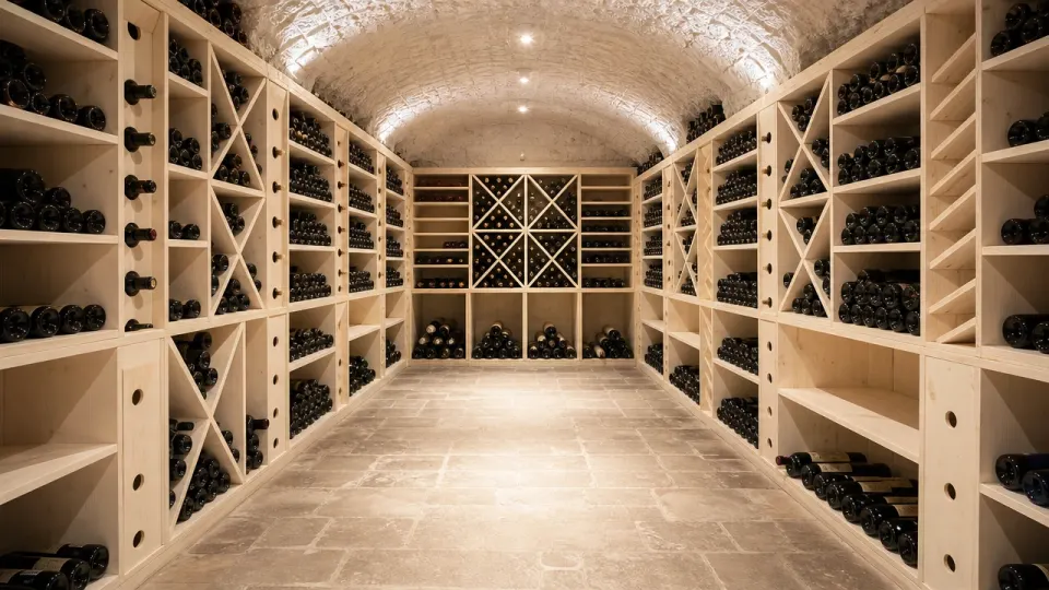 Cave à vin grande capacité dans une cave voûtée, trois murs de casiers en épicéa organisés en blocs de croix et d'étagères