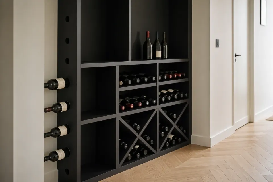 Casier à vin en MDF noir avec croix et étagères dans une entrée chauffée sur parquet à chevrons