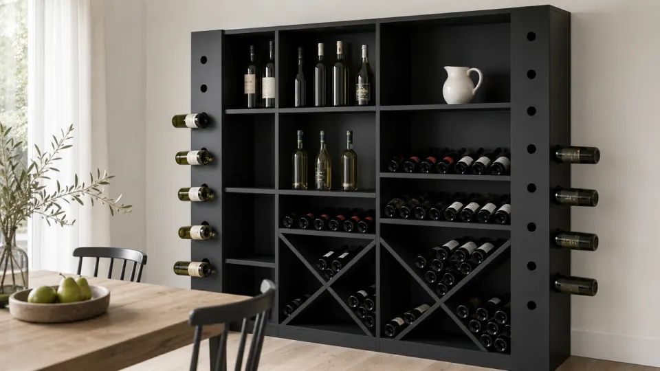 Cave à vin en MDF noir mat dans une salle à manger claire, casiers en croix, étagères et montants percés