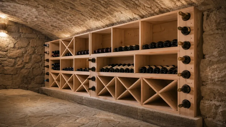 Cave à vin en mélèze dans une cave voûtée enterrée : casiers en croix et étagères posés sur un socle