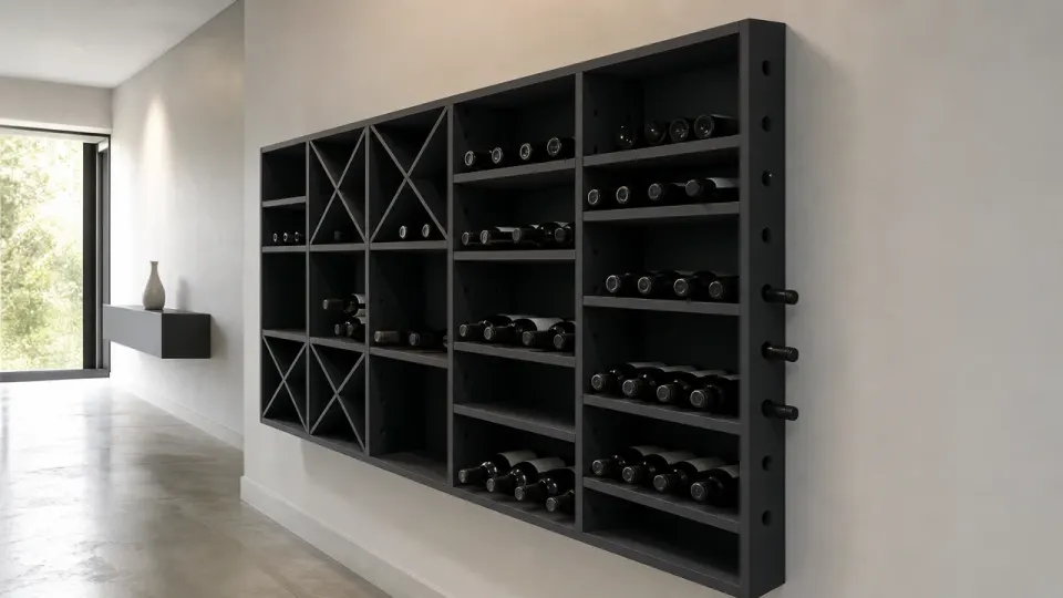 Cave à vin murale en MDF noir de faible profondeur fixée contre un mur de couloir, casiers en croix et étagères