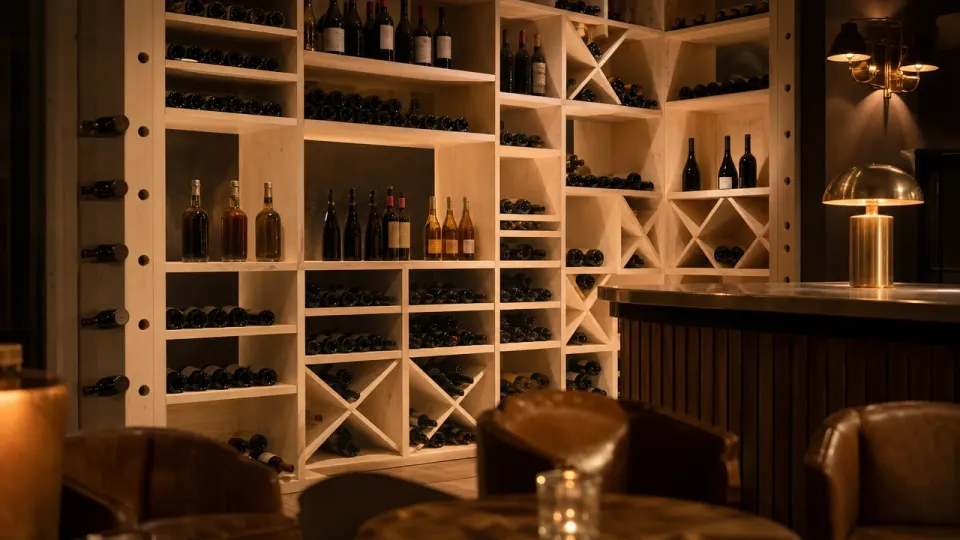 Illustration d'une cave à vin d'hôtel : mur de casiers en épicéa derrière le bar du hall, bouteilles en croix et étagères