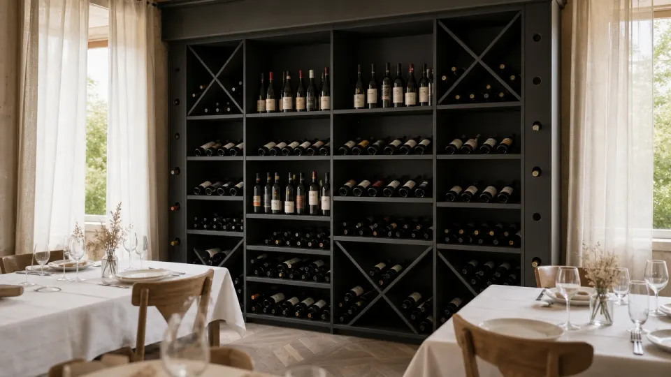Illustration d'une cave à vin d'hôtel en MDF noir sur le mur d'une salle de restaurant, entre deux fenêtres