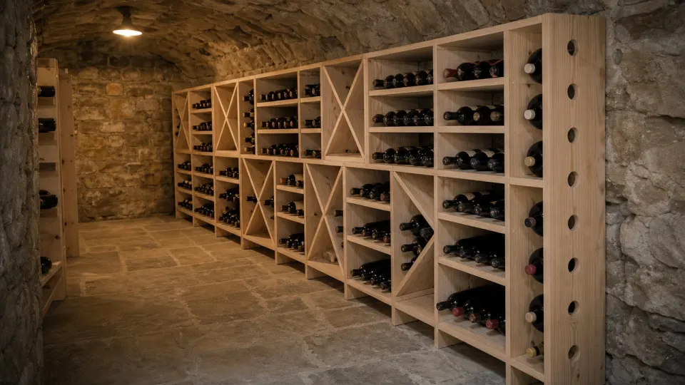 Illustration d'une réserve de cave à vin d'hôtel : casiers en mélèze en croix et diagonales le long d'un mur de pierre voûté