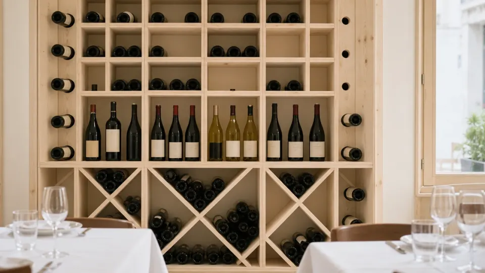 Illustration d'une cave à vin de restaurant : casiers en épicéa entre deux fenêtres de la salle, étagères et croix