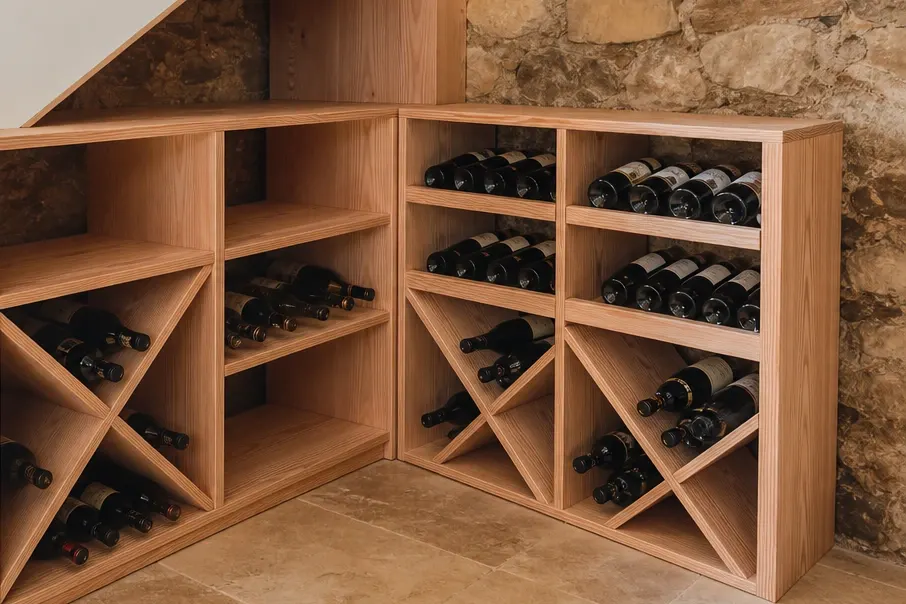 Deux blocs de casiers à vin en mélèze qui se rejoignent à angle droit sous le tournant d'un escalier