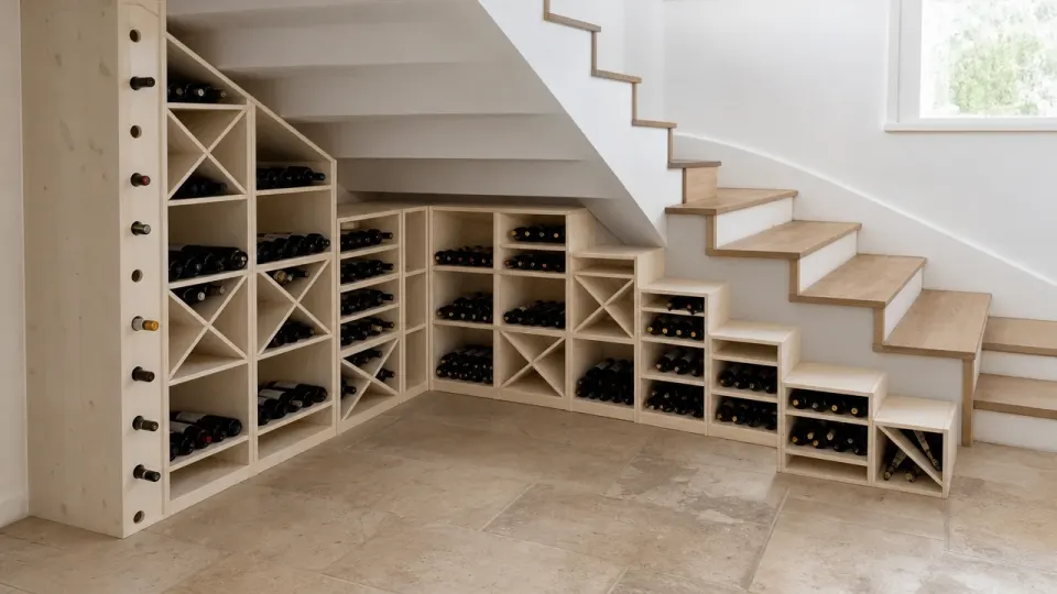 Cave à vin sous escalier quart tournant, blocs de casiers en épicéa de hauteurs différentes sous les deux volées