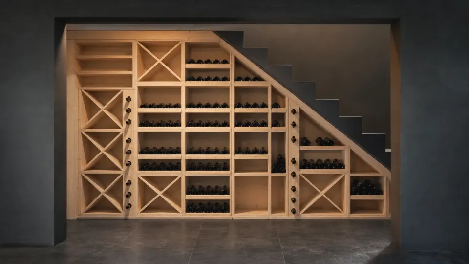 Casiers à vin en épicéa sous un escalier, croix et étagères mises en scène dans l'ouverture d'un mur gris anthracite