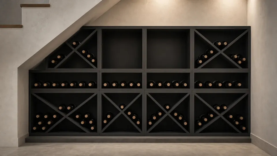 Façade de casiers à vin en MDF noir alternant croix, étagères et cases vides dans un sous-escalier