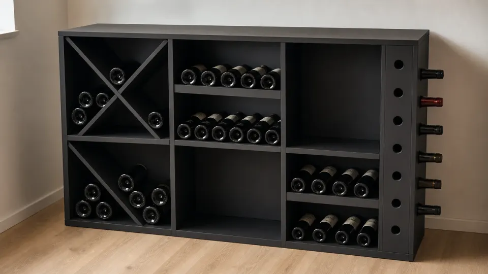 Meuble de casiers à vin en MDF noir combinant croix, étagères, diagonale, case vide et montant percé de trous