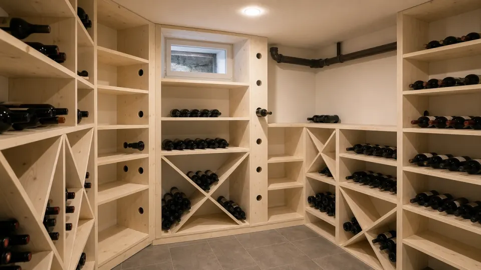Cave à vin sur mesure en épicéa dans un sous-sol, casiers en L autour d'un soupirail, croix, étagères et montants percés