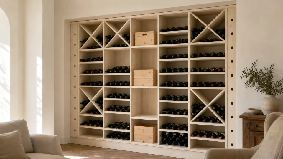 Cave à vin sur mesure en épicéa sur plinthe, ajustée mur à mur dans une niche de salon, casiers en croix et étagères
