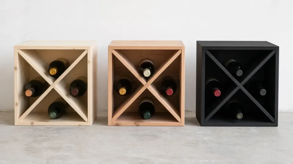 Trois modules à croix identiques en épicéa clair, en mélèze au veinage chaud et en MDF noir mat, posés côte à côte