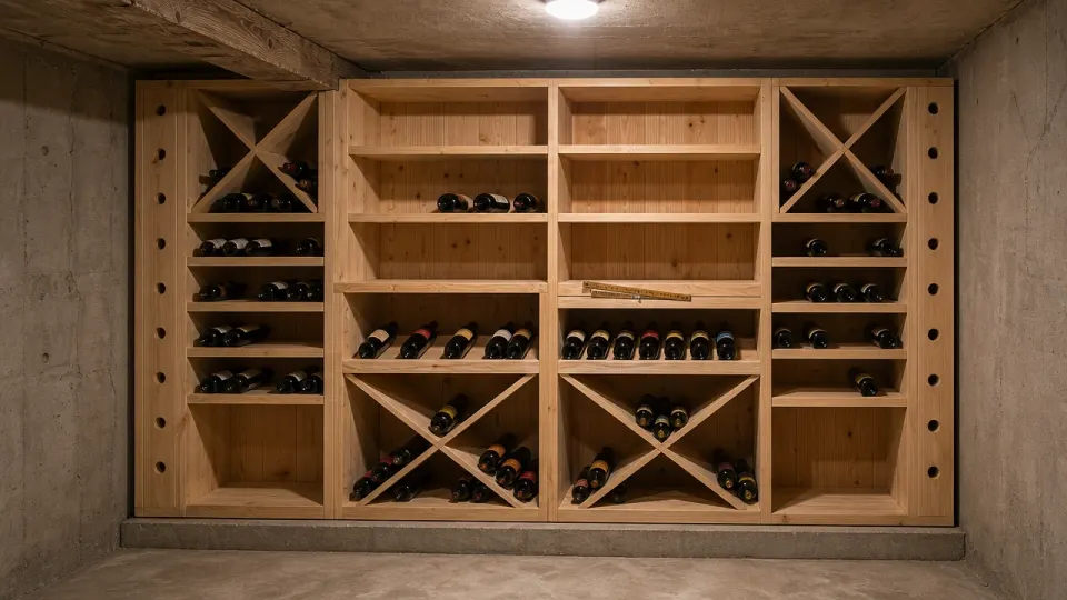 Cave à vin sur mesure en mélèze ajustée dans la niche d'un sous-sol en béton, croix, étagères et montants percés