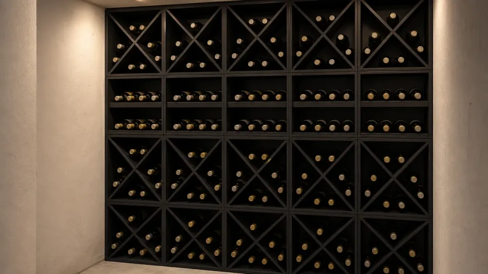 Mur de casiers à vin en MDF noir mat, rangées de croix et une ligne d'étagères, d'où seules les bouteilles ressortent