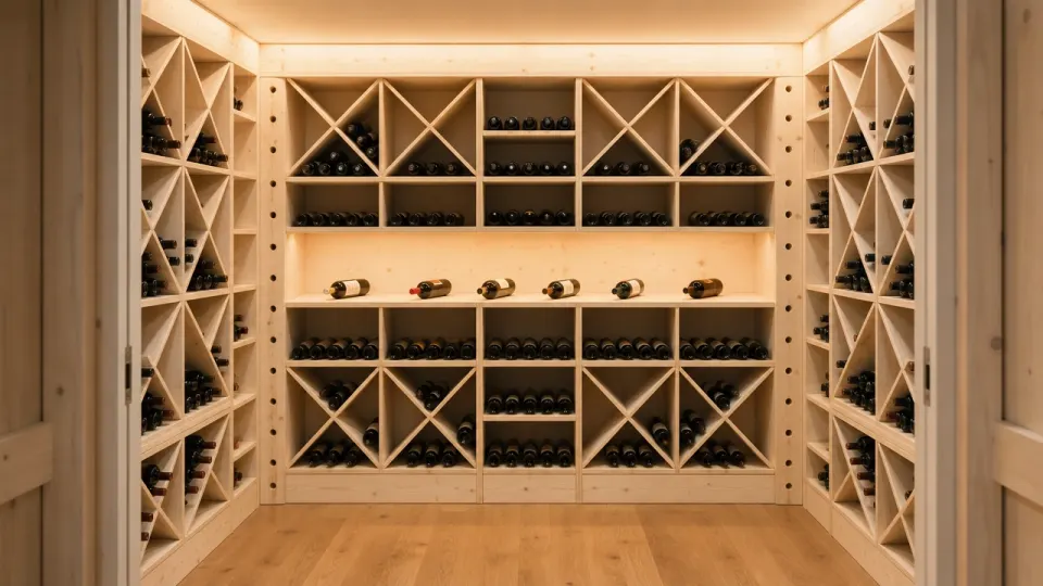 Pièce cave à vin habillée de casiers en épicéa, mur du fond en vitrine avec une bande d'étagères entre des rangées de croix