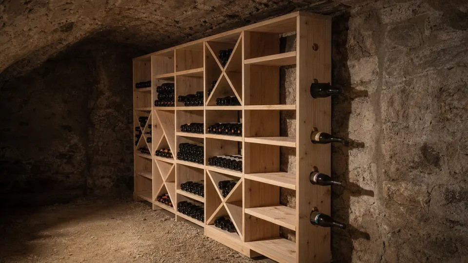 Cave à vin naturelle voûtée en pierre équipée de casiers en mélèze à croix et étagères, bouteilles couchées