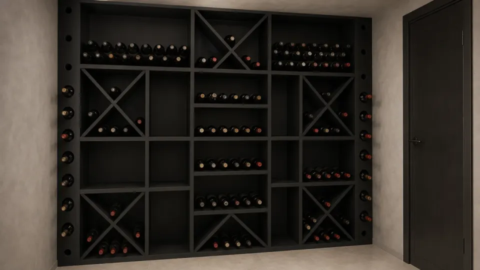 Pièce dédiée isolée équipée d'un mur de casiers à vin en MDF noir avec croix, étagères et alvéoles