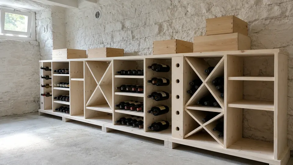 Sous-sol ventilé aux murs blanchis équipé d'un meuble bas de casiers à vin en épicéa clair